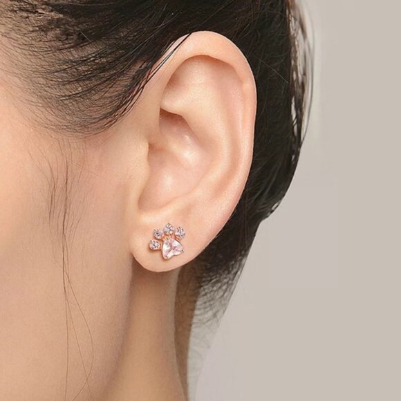 New Rose Gold Paws Zircon Stud Earrings - Picture 2 of 5